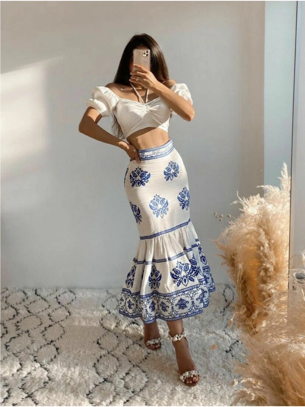 New Zara Blue and White Linen Embroidered Midi Mermaid Skirt